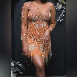 Custom Made Mini Corset Orange Embellished Dress Size 4/6
